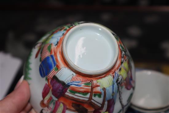 Two 18th century Chinese Nanking cargo plates, a bowl and a snuff bottle and two 19th century Chinese famille rose small bowls